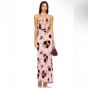For Love And Lemons Velvet Halter Maxi Rose
Pink Floral Backless gown Revolve S
